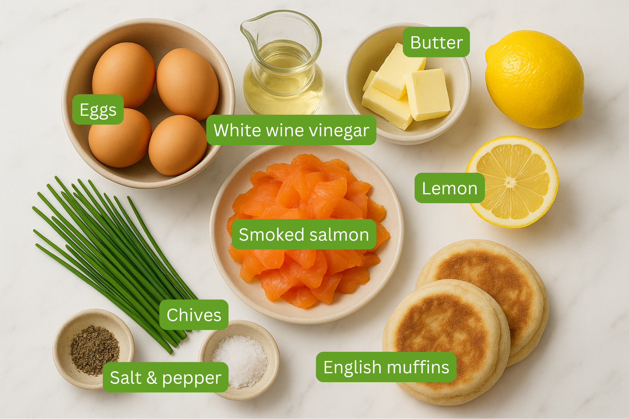 Image of ingredients is shown for this recipe including butter, lemon, english muffins, smoked salmon, chives, salt and pepper, eggs and white wine vinegar. All ingredients sit on a marble backdrop. 