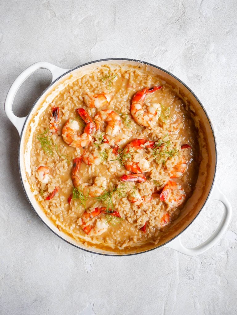 creamy prawn risotto in pan