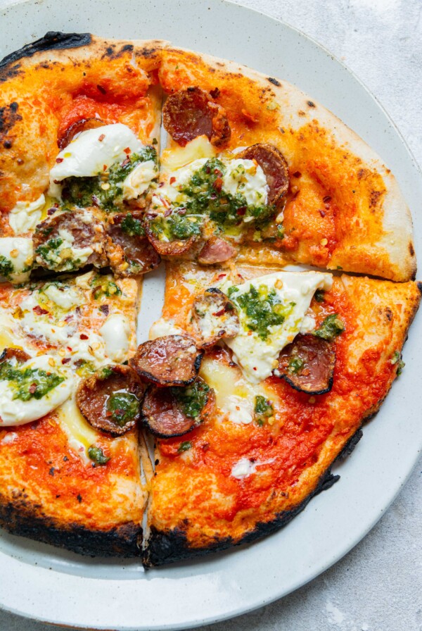 Salami pesto burrata pizza