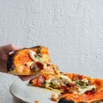 Salami, pesto, burrata pizza