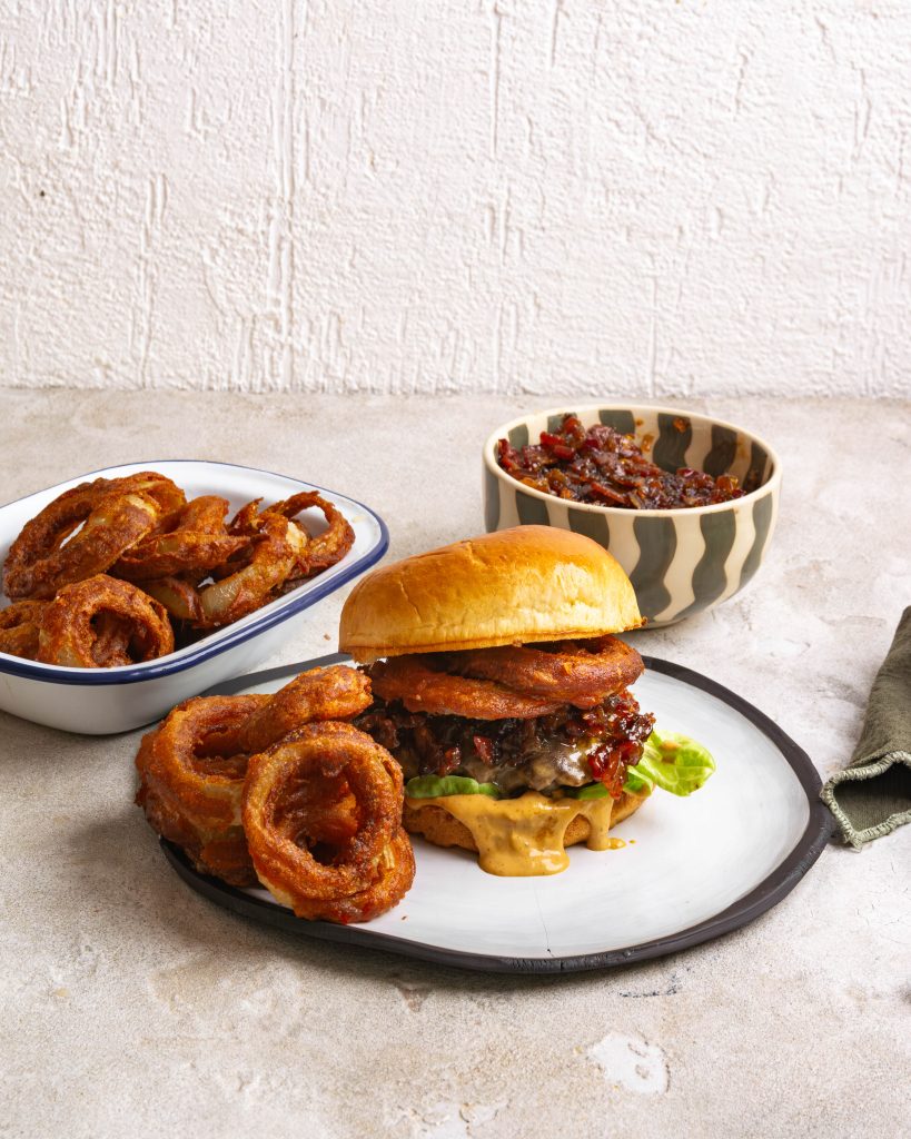 Burger with onion rings