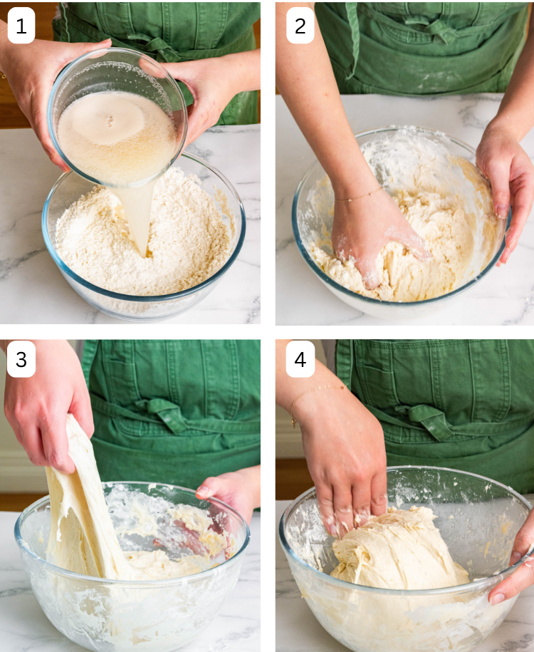 There are 4 images side by side. The first image is yeast water being poured into a glass bowl filled with flour. The second image is the dough being mixed by hands. The third is the dough being stretched up and the fourth image is the dough being folded over.