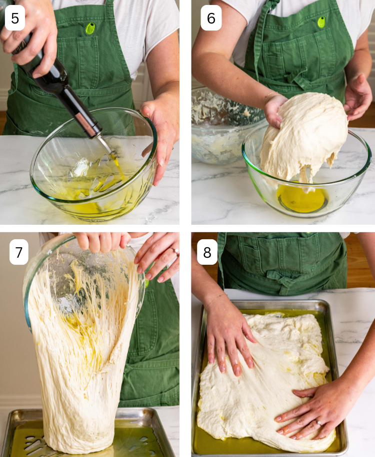 The are 4 images side by side. The first is a glass bowl being coated with olive oil. The seconds is the dough being transferred to the oiled bowl. The third is the proofed dough being transferred to an oiled baking dish. The fourth is the dough being stretched out in the baking tray.