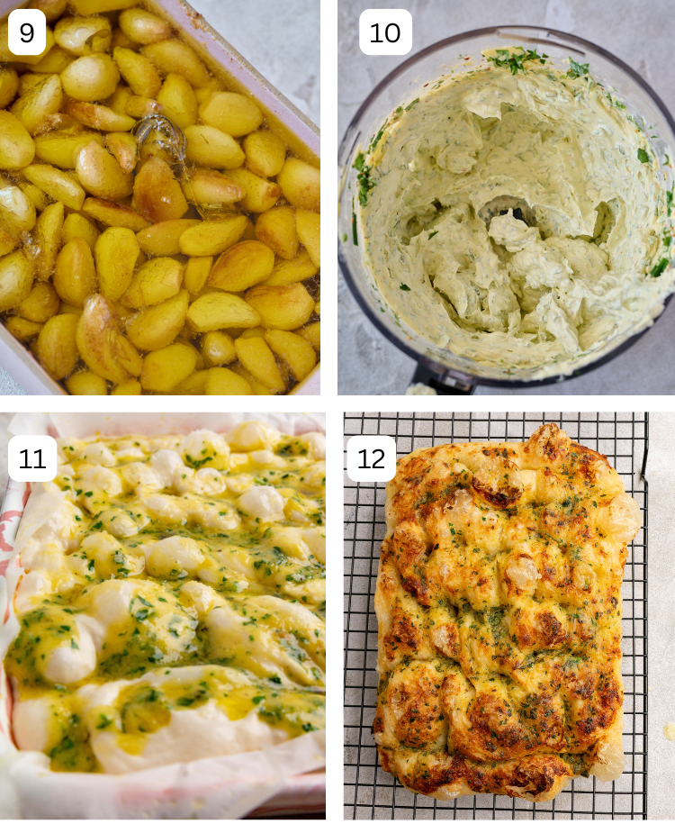 There are 4 images side by side. The first is an image of the garlic confit in oil. The second is garlic butter that is blended together in a food processor. The third is the dimpled focaccia dough with garlic butter drizzled all over. The fourth is the garlic butter focaccia that has been baked sitting on a black cooling rack.