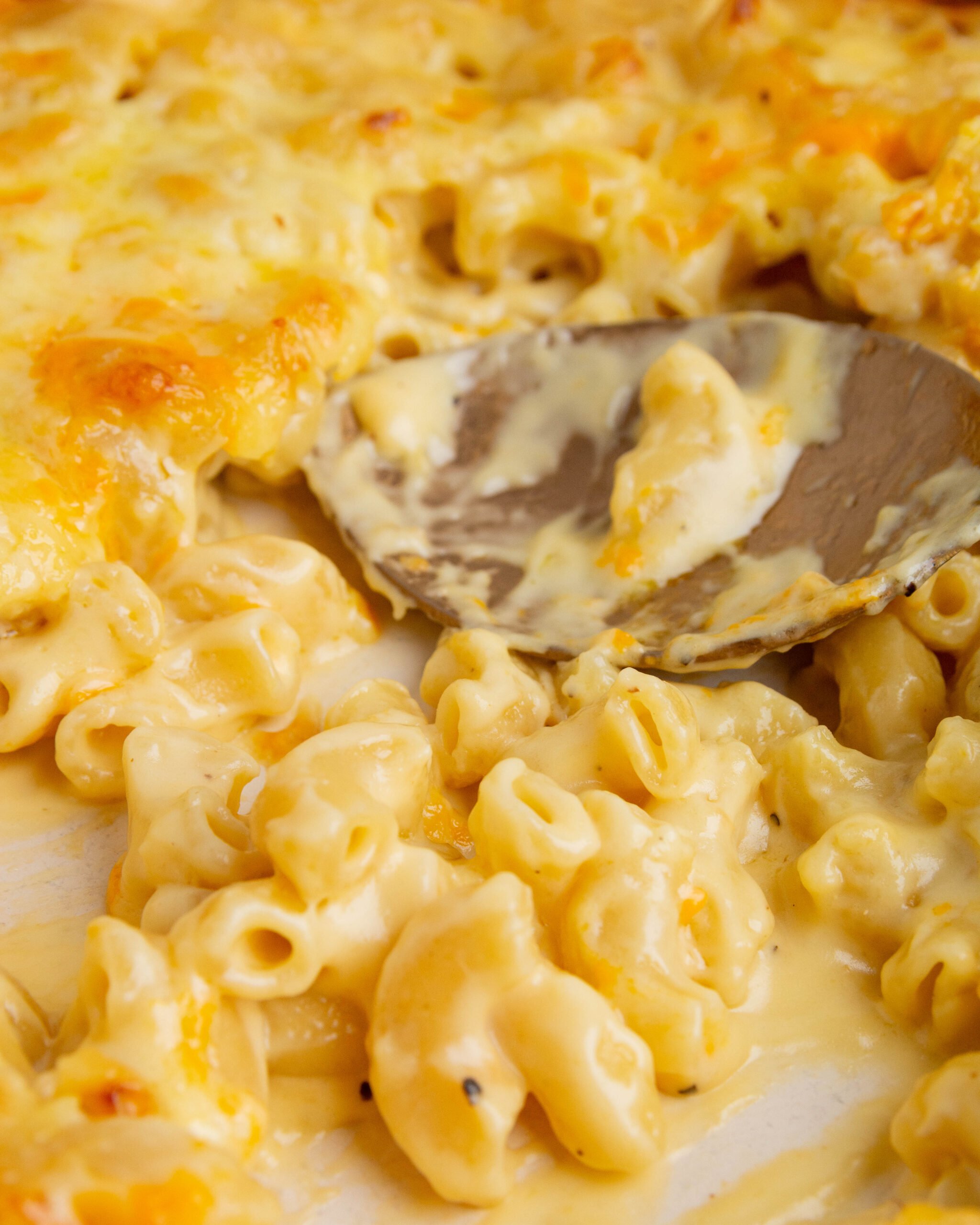 Baked mac and cheese with garlic confit has been broken into with golden spoon. 