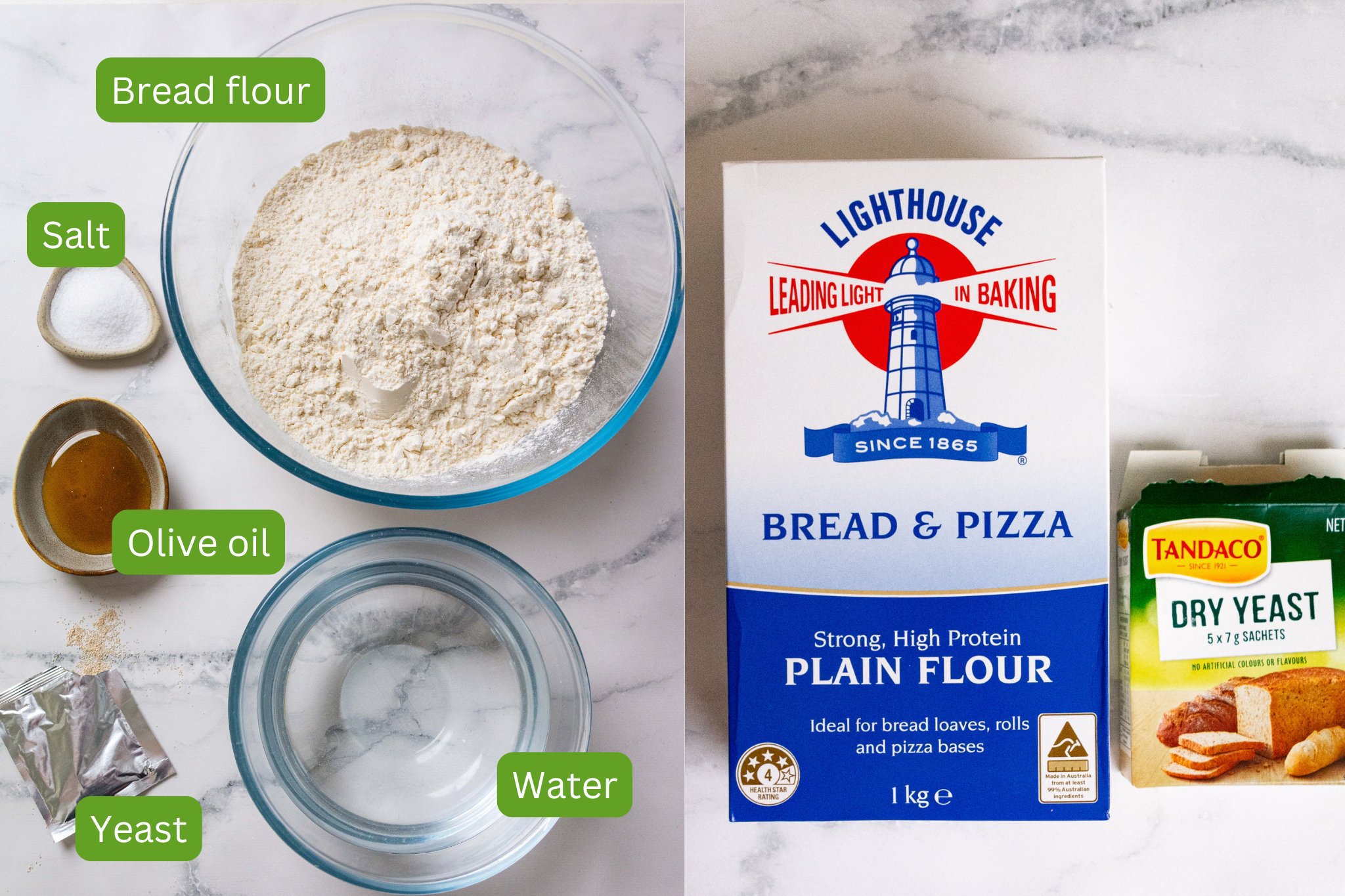 Ingredients for no-knead focaccia are shown including a bowl of flour, a bowl of water, a small bowl of olive oil, a packet of yeast and a small bowl of salt. You can see two boxes showing the brands of flour and yeast used.