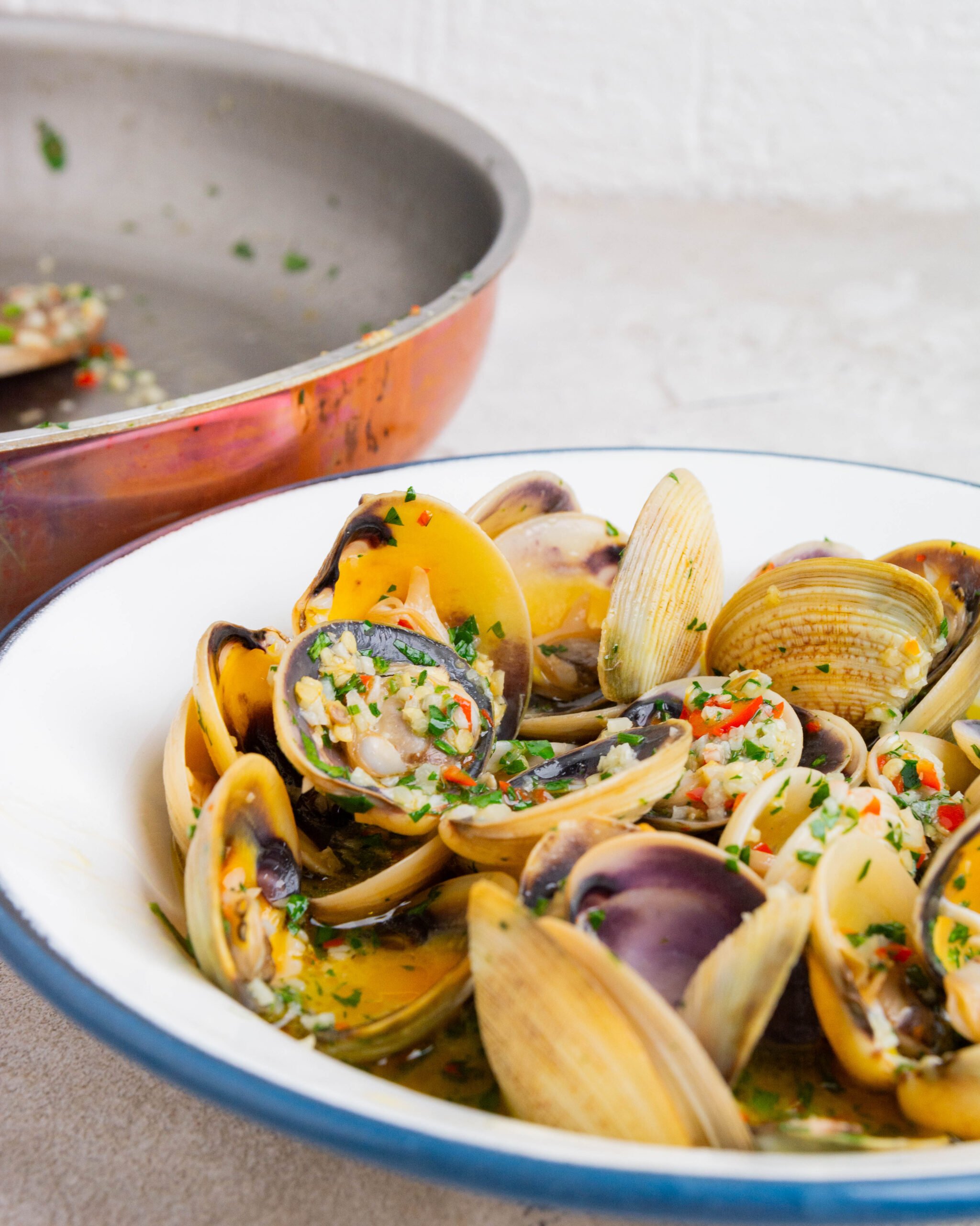 Garlic butter pipis / clams sit in large white bowl with blue rim. They have parsley sprinkled over them and you can see lots of minced garlic and sliced chilli. 