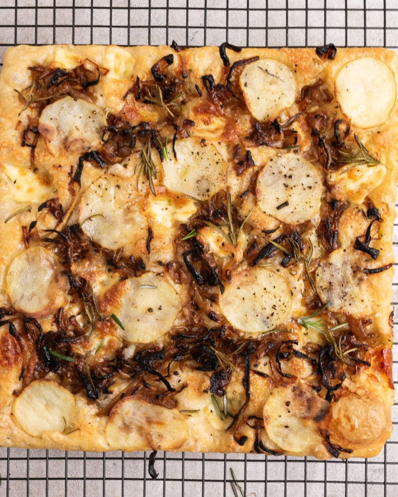 Caramelised onion sheet pan pizza