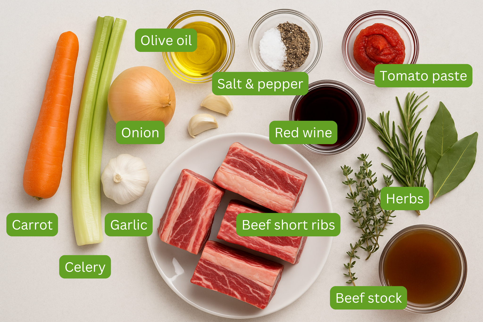 List of ingredients for beef short rib ragu are laid out onto a white background. Ingredients include carrot, celery, onion, garlic, olive oil, salt and pepper, red wine, tomato paste, herbs, beef stock and beef short rib. 