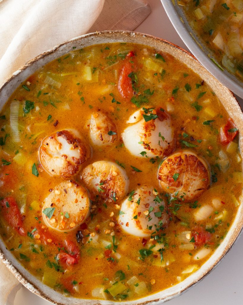 
Lemony brothy beans with scallops