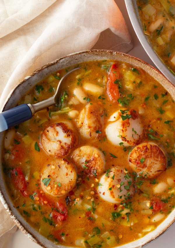 Lemony brothy beans with scallops