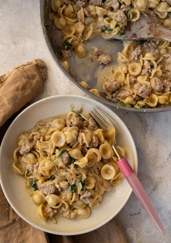 Creamy Orecchiette Pasta with Caramelised Onion and Italian Sausage