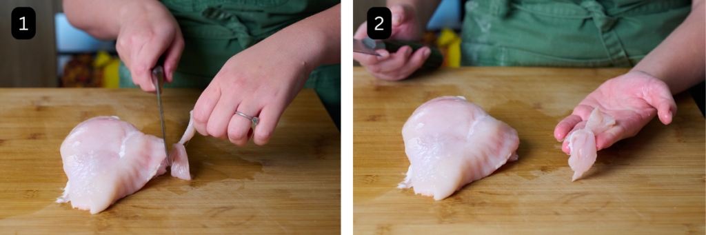 Two images side by side of how to remove chicken tenderloin. 