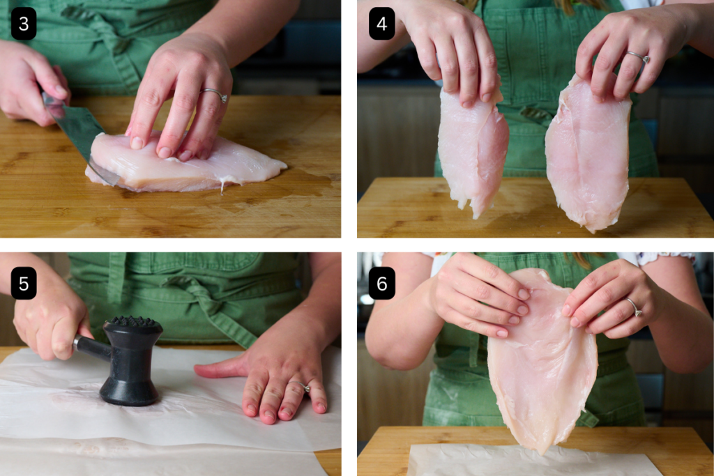 Set of 4 images showing how to slice through the middle of the chicken to create two pieces from one 