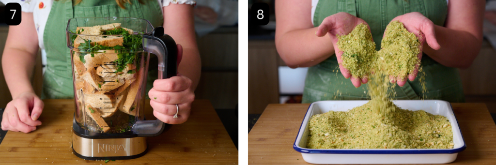 two images side by side. The first is all the breadcrumb ingredients in a blender including bread, parsley and rosemary. The second is the blended breadcrumbs in a baking tray. 