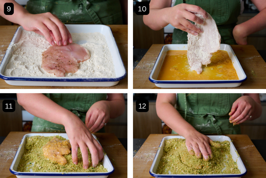 four images of how to bread the chicken. The first is chicken being coated in flour, the second in the egg wash and the last two images show the chicken getting the breadcrumbs put on it. 