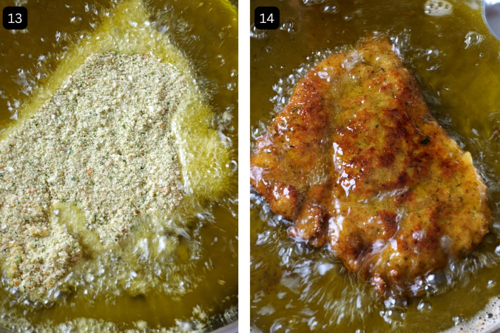 One photo of the chicken in the oil being cooked and the second of the chicken laying in the oil which has been flipped and has one side golden and cooked. 