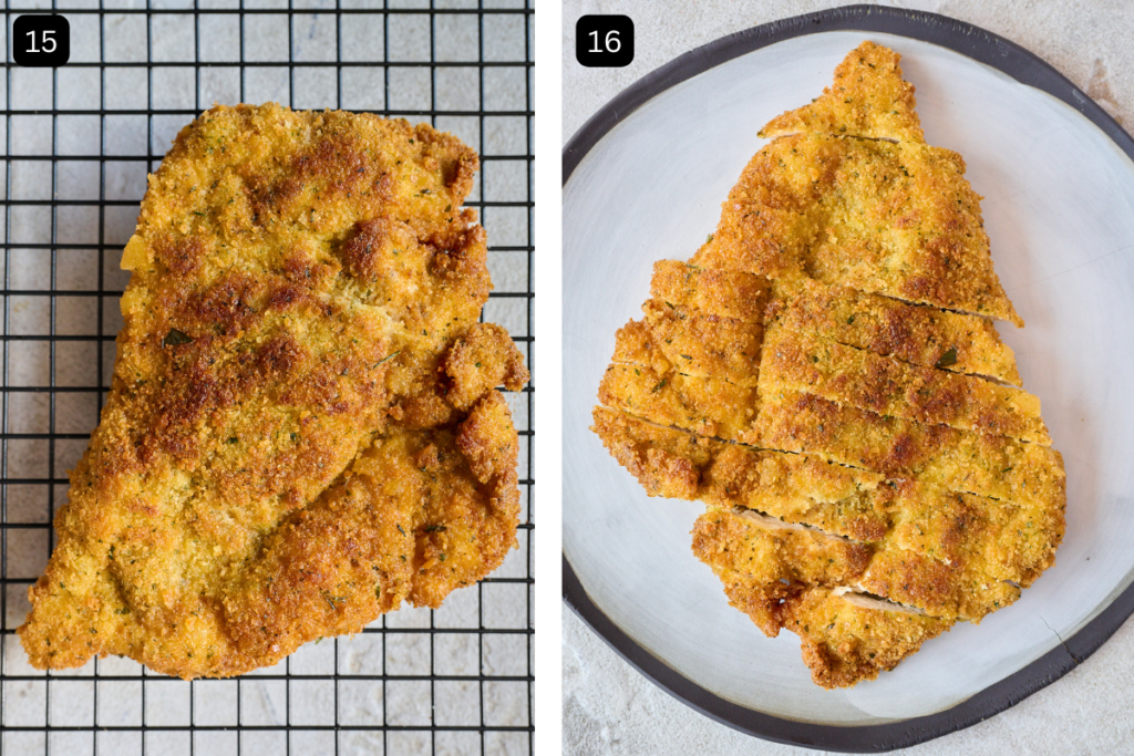 two final images of the crispy breaded chicken. One of the chicken laying on the cooling rack and the second of the chicken sliced and laying on a plate with a black rim. 