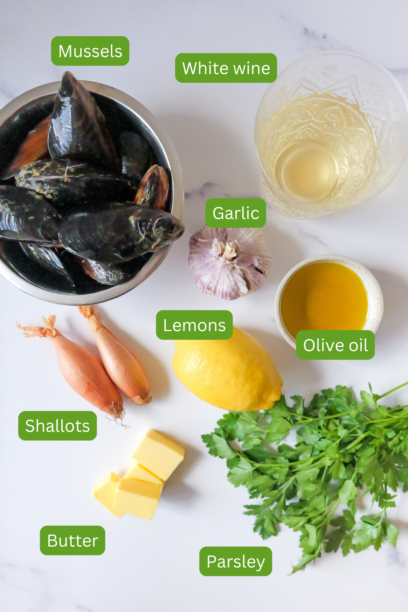 List of ingredients needed for white wine butter mussels. Ingredients in image include mussels, garlic, white wine, olive oil, lemons, shallots, butter and parsley. 