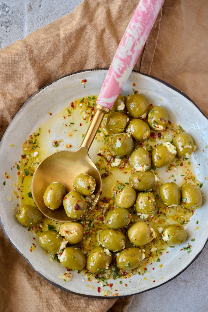 Warm feta stuffed olives