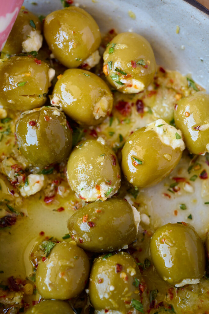 Warm feta stuffed olives