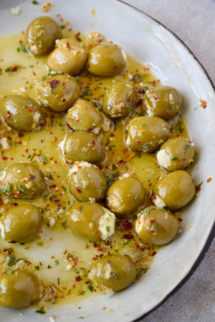 Warm feta stuffed olives