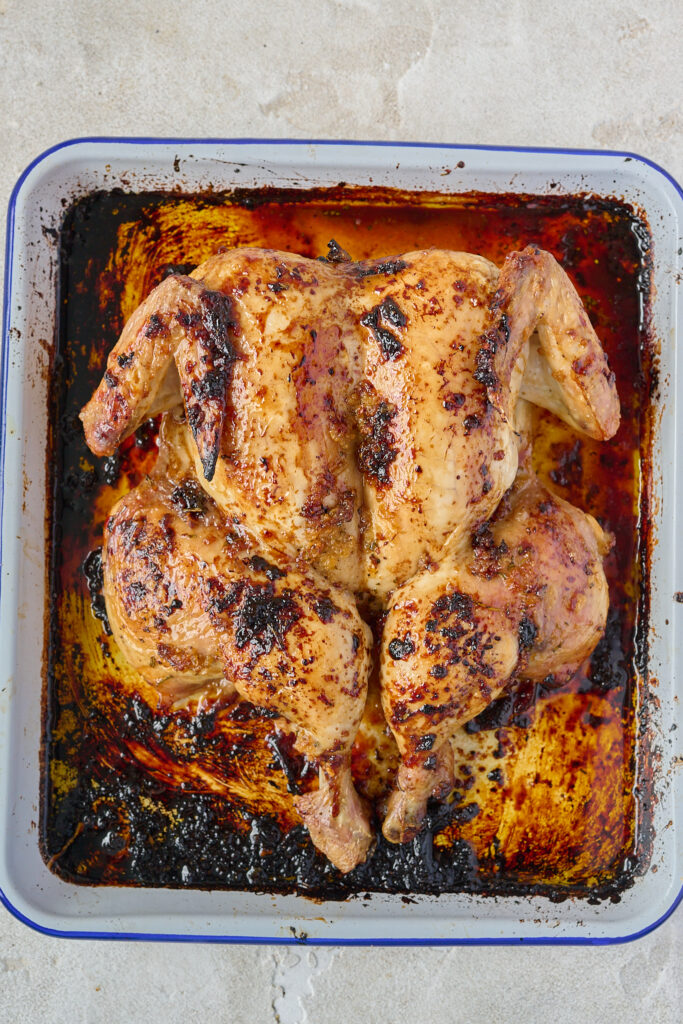 Maple butter roasted chicken in pan