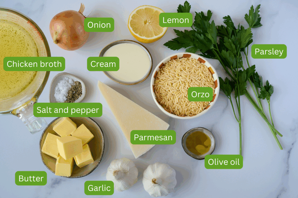 A flat lay of the ingredients needed for creamy garlic one pan orzo. They are on a marble backdrop. Ingredients include onion, lemon, chicken broth, cream, salt and pepper, butter, garlic, orzo, olive oil and parsley.
