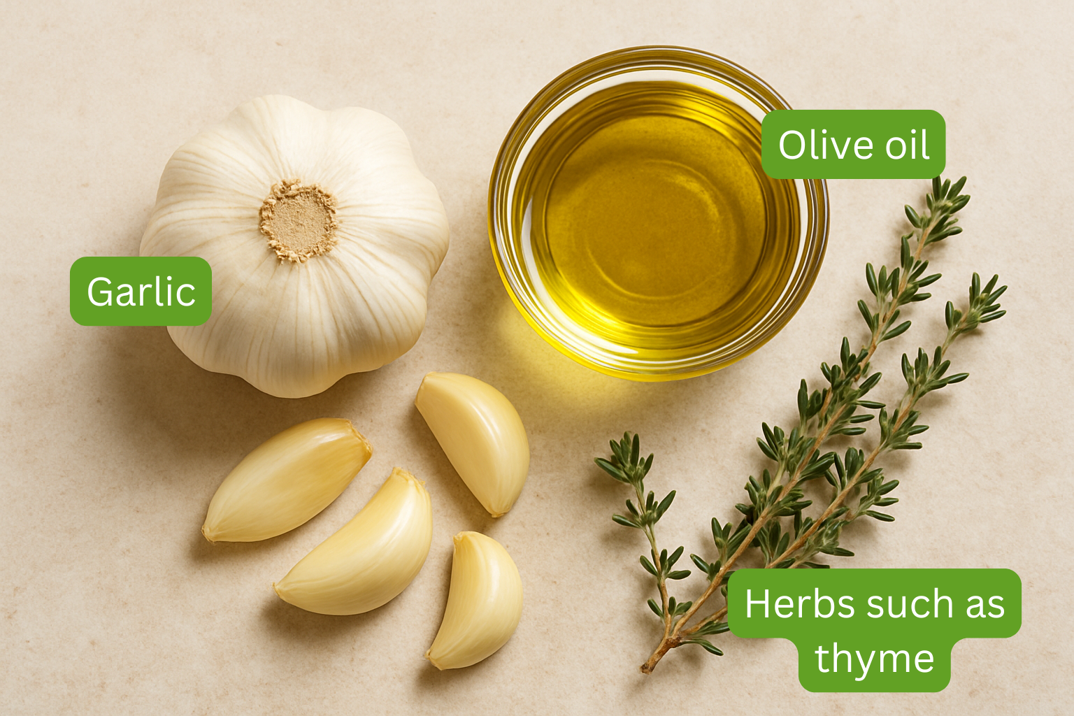 Ingredients laid out on beige backdrop. Ingredients include olive oil, garlic and thyme. 