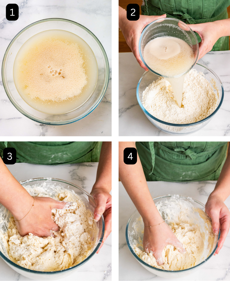 Four images of the dough being made. First image of yeast in water. Second image yeasty water being added to flour. Third and fourth image is dough being mixed.