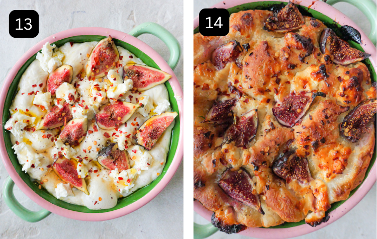 First image of dough with figs, honey, goats cheese and chili flakes over the top. Third image of baked focaccia in green bowl with pink rim. 