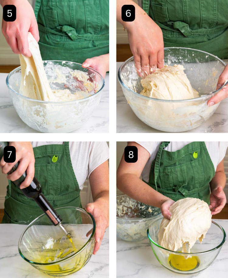 Two images of the dough being streteched and folded in the glass bowl. Two images of olive oil being poured into a glass bowl and dough being put into glass bowl with oil