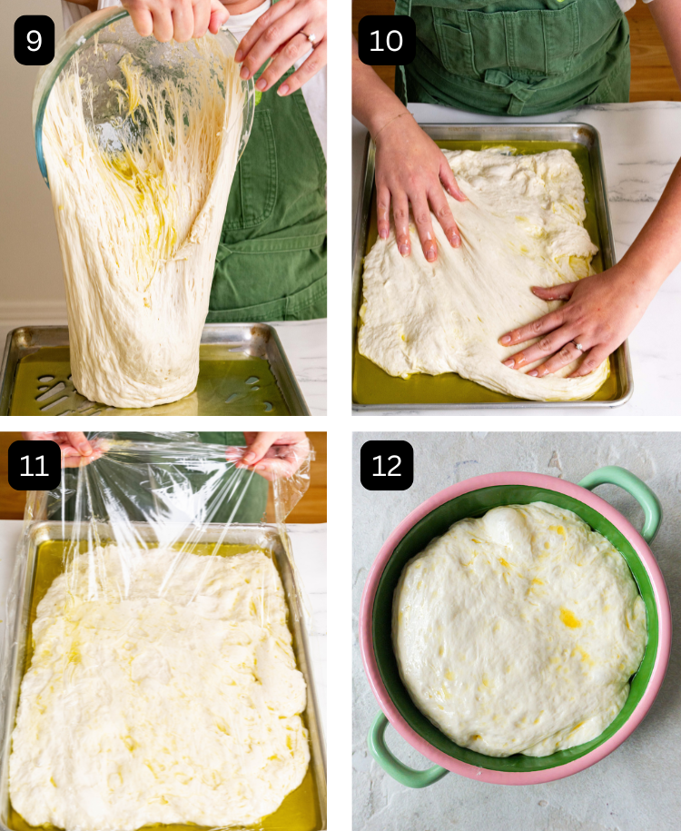 First image of dough being placed onto baking tray. Second image of dough being stretched out by hands on baking tray and third image of dough being covered by plastic wrap. Fourth image is dough proofed in green bowl with pink rim.