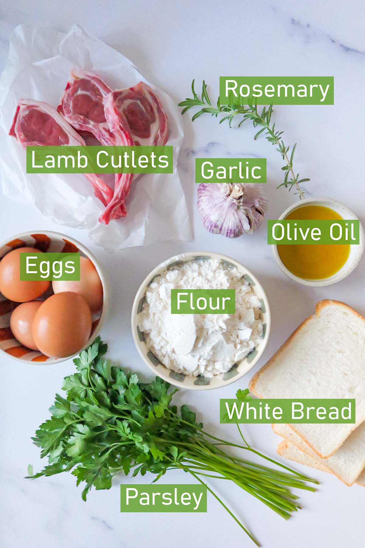 ingredients for crumbed lamb cutlets.