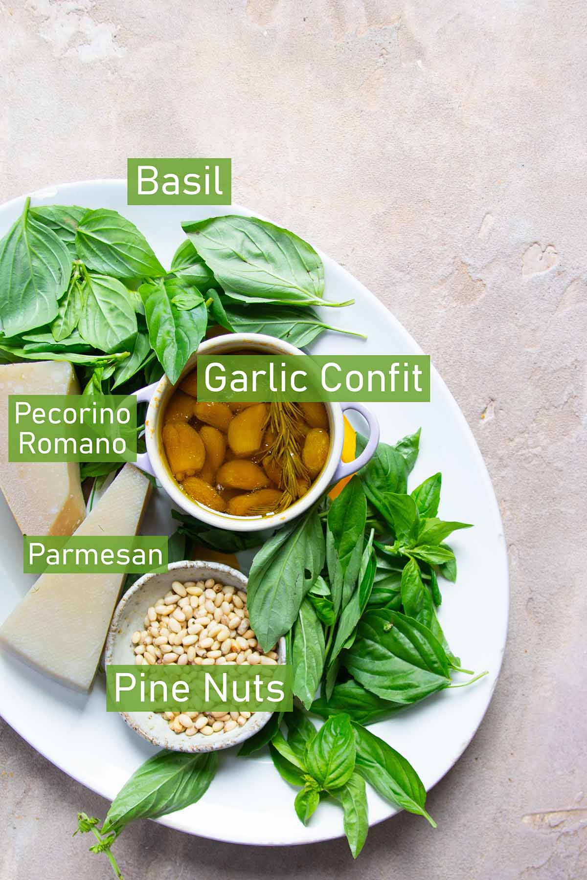 ingredients for garlic confit pesto pasta.