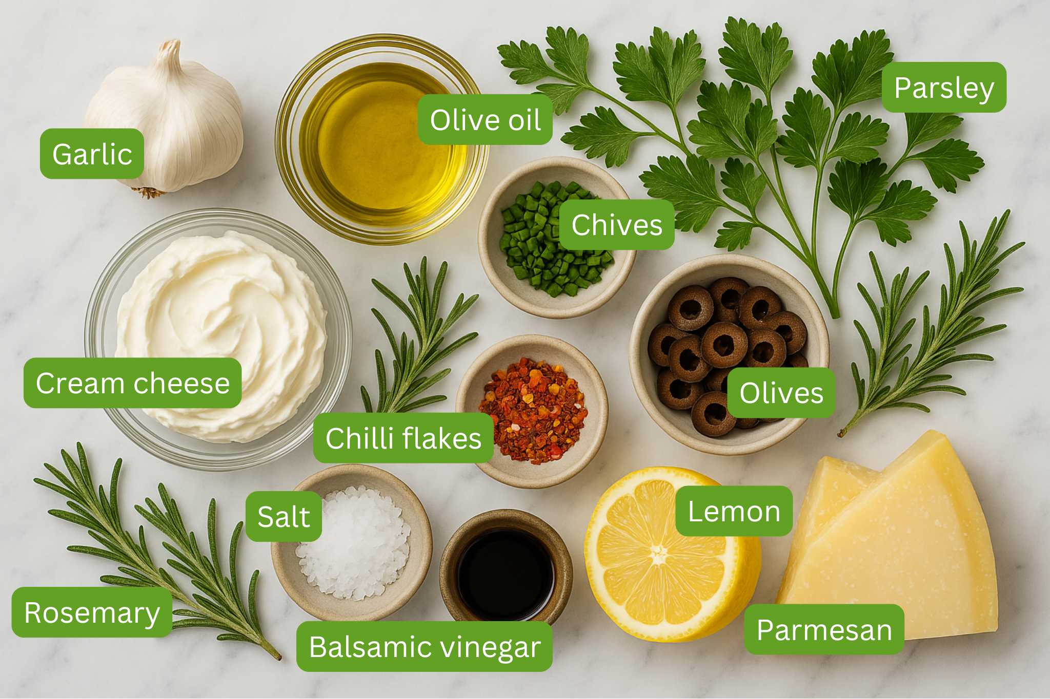 Image of ingredients laid out onto marble board. Ingredients in image include: garlic, olive oil, cream cheese, chives, parsley, tarragon, rosemary, chilli flakes, olives, balsamic vinegar, parmesan, lemon, salt and pepper