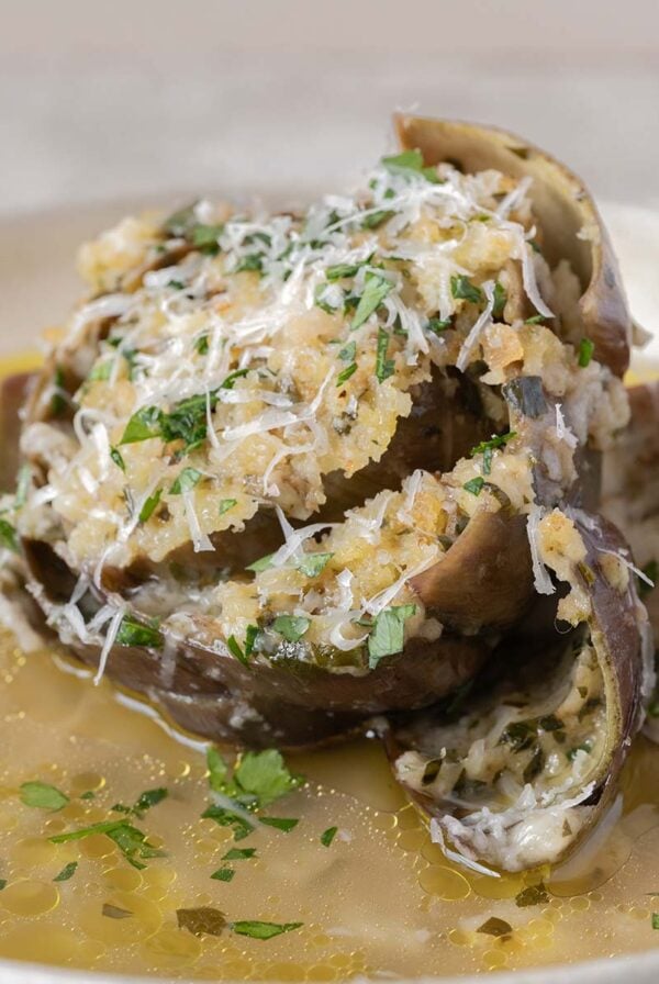 breadcrumb stuffed artichoke with olive oil.