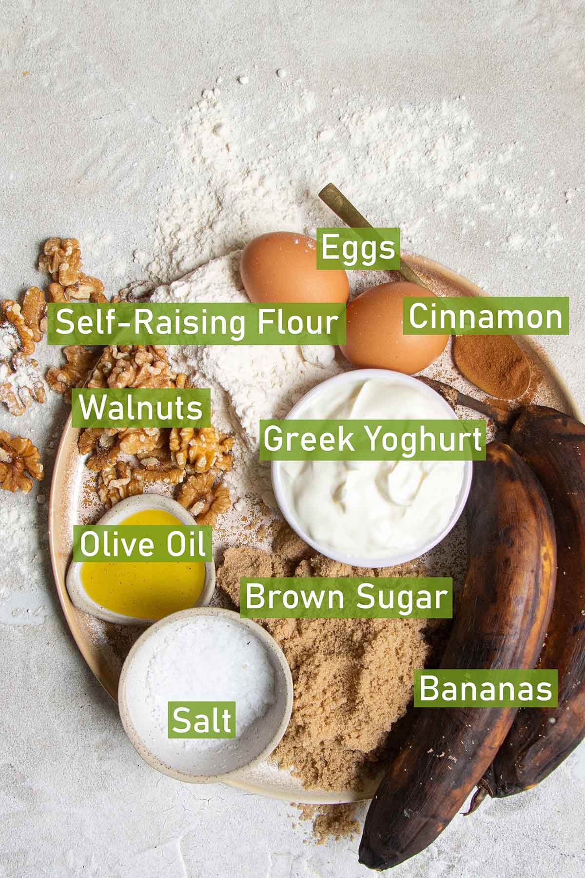 bowls of ingredients for banana bread.