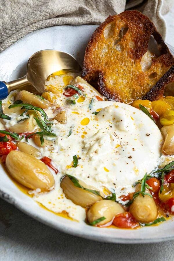 bowl of burrata with tomatoes and garlic with toast.