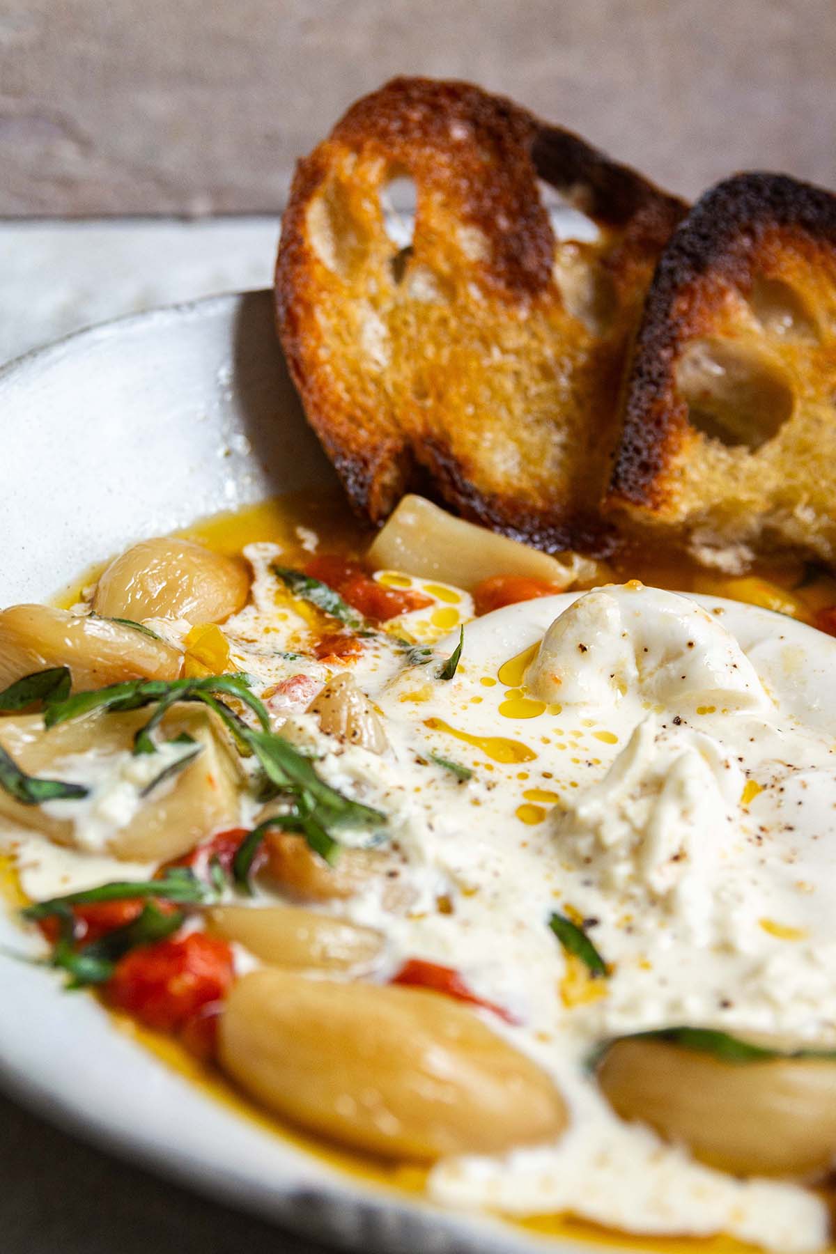 melted burrata with tomato and garlic confit with toast.