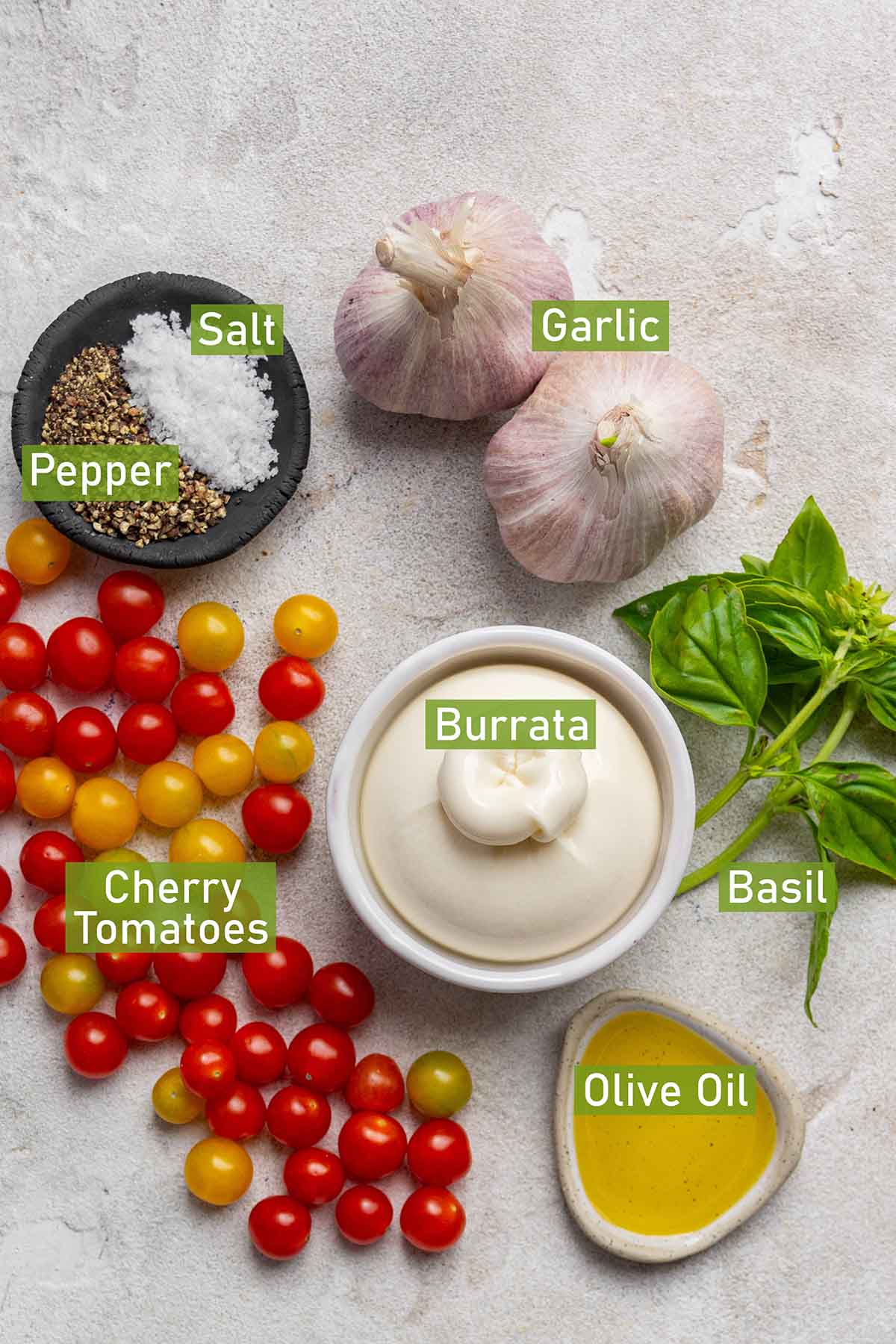 ingredients for burrata with tomatoes and garlic.