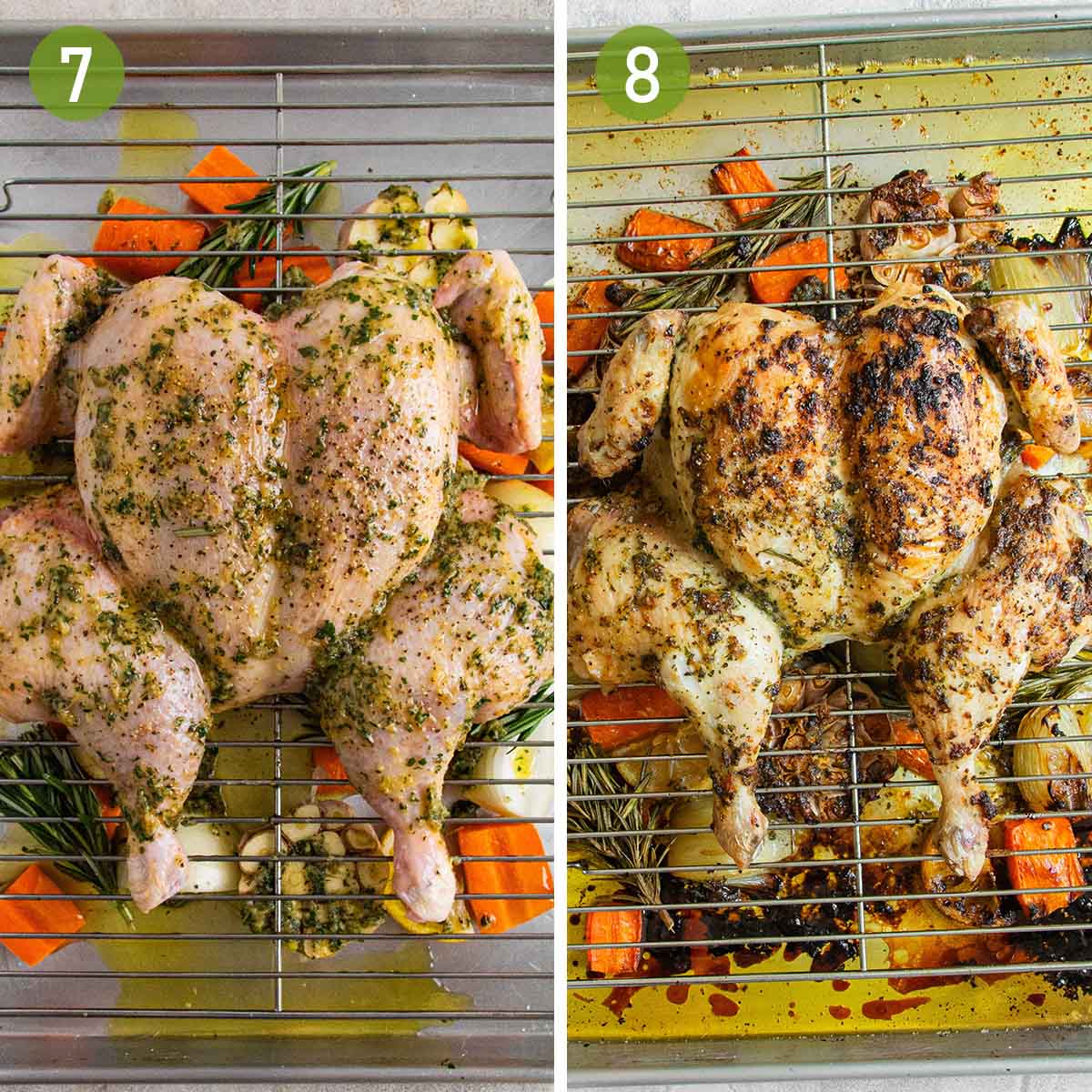 roasted chicken and vegetables before and after cooking.