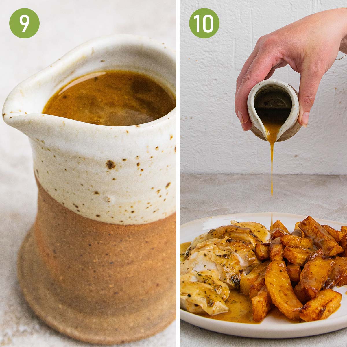making the gravy and serving it with the chicken and chips.