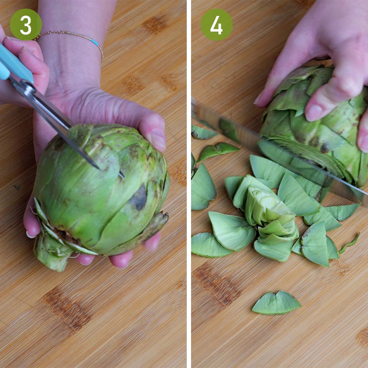 trimming spiky leaves and cutting off the tops of the artichokes.