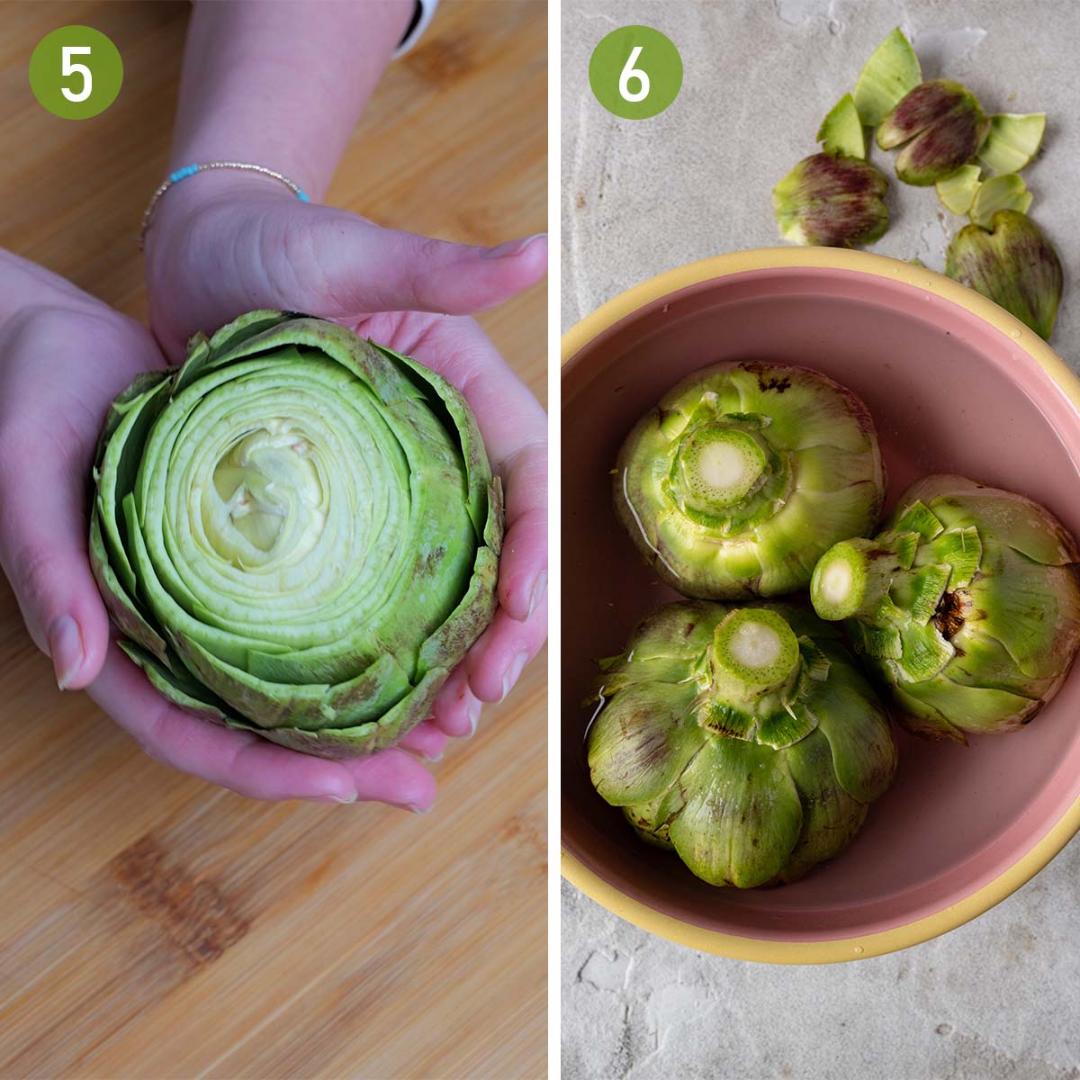 holding trimmed artichoke and soaking them in a bowl of water.
