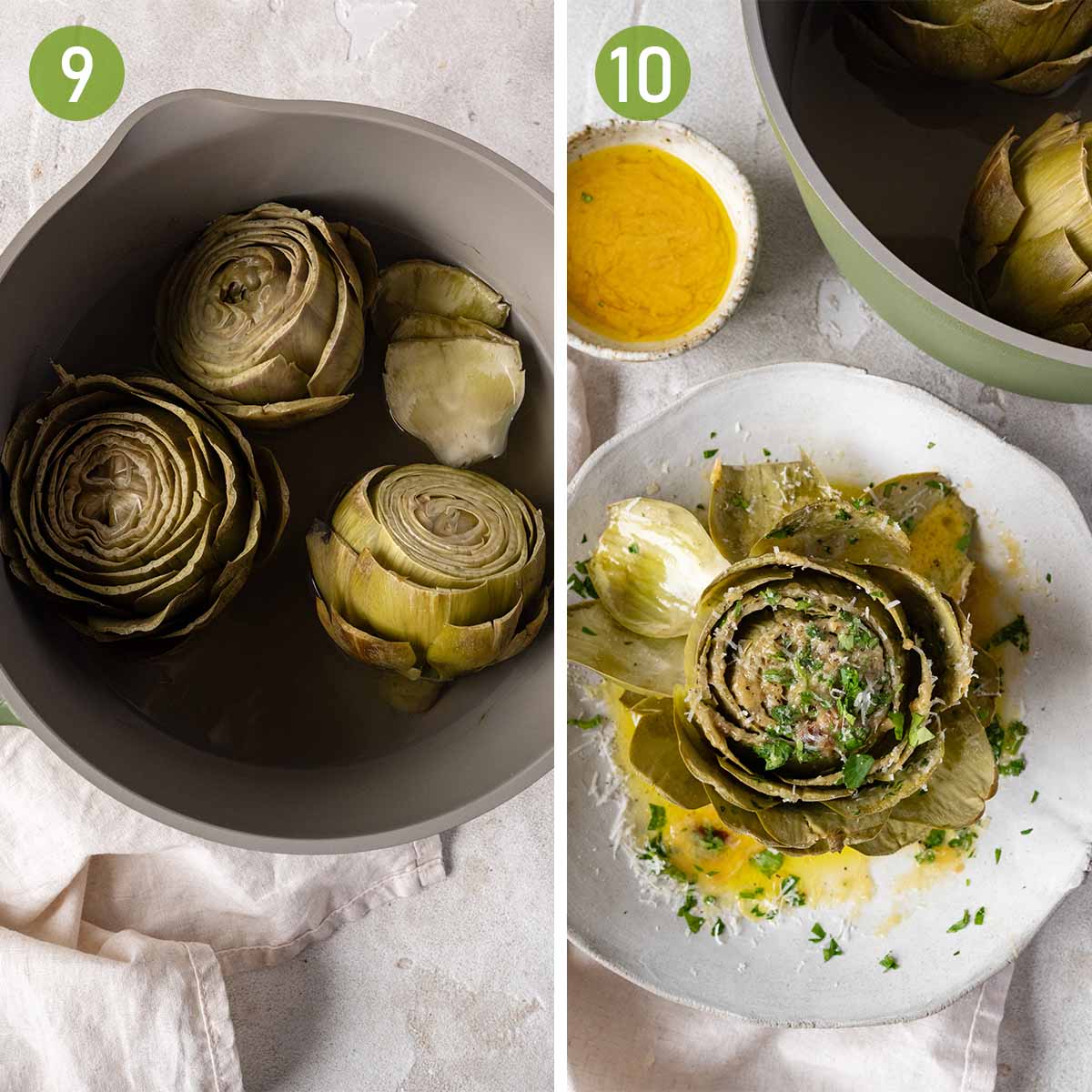 simmering the artichokes and serving them with the garlic butter.