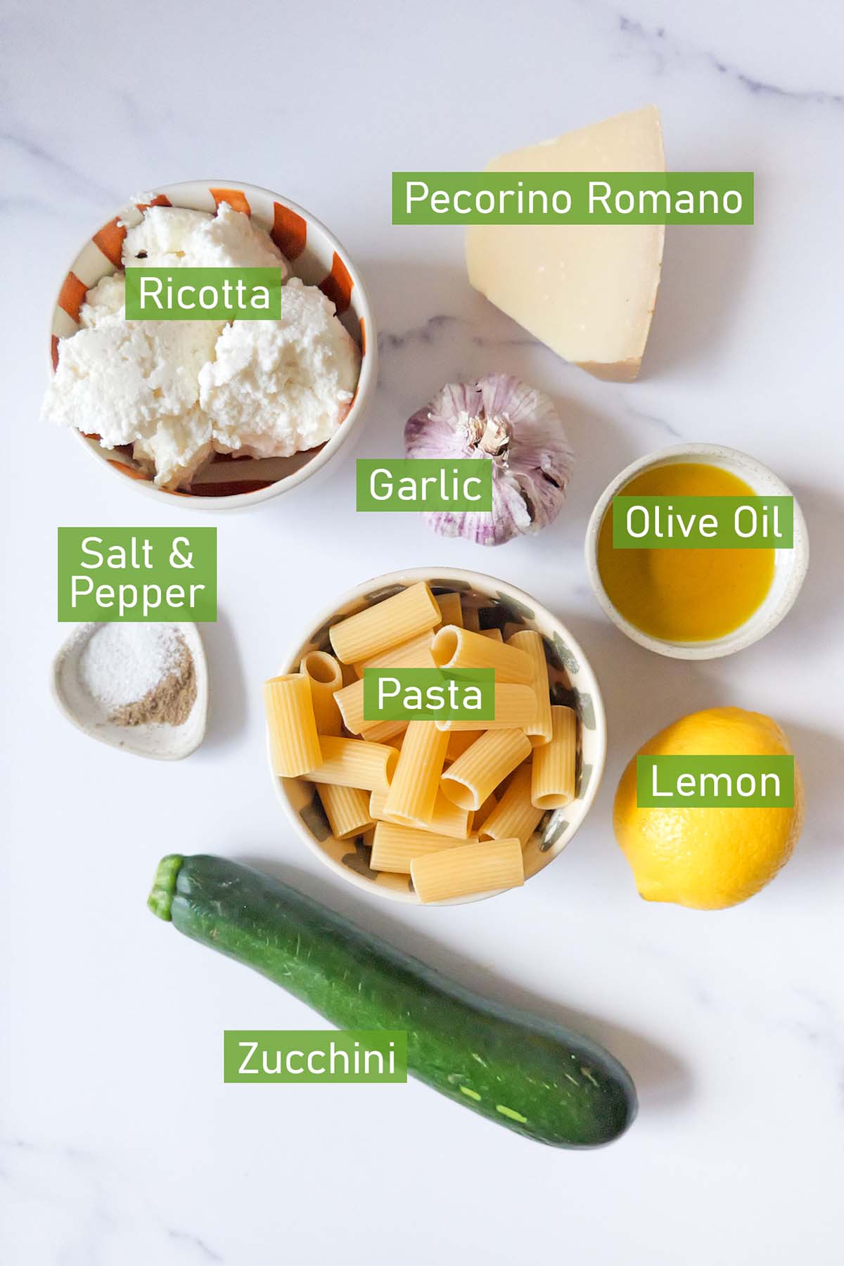 bowls of ingredients for lemon ricotta pasta.