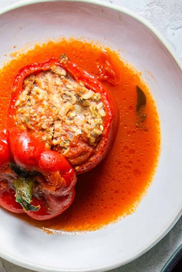 stuffed bell pepper on a white plate.