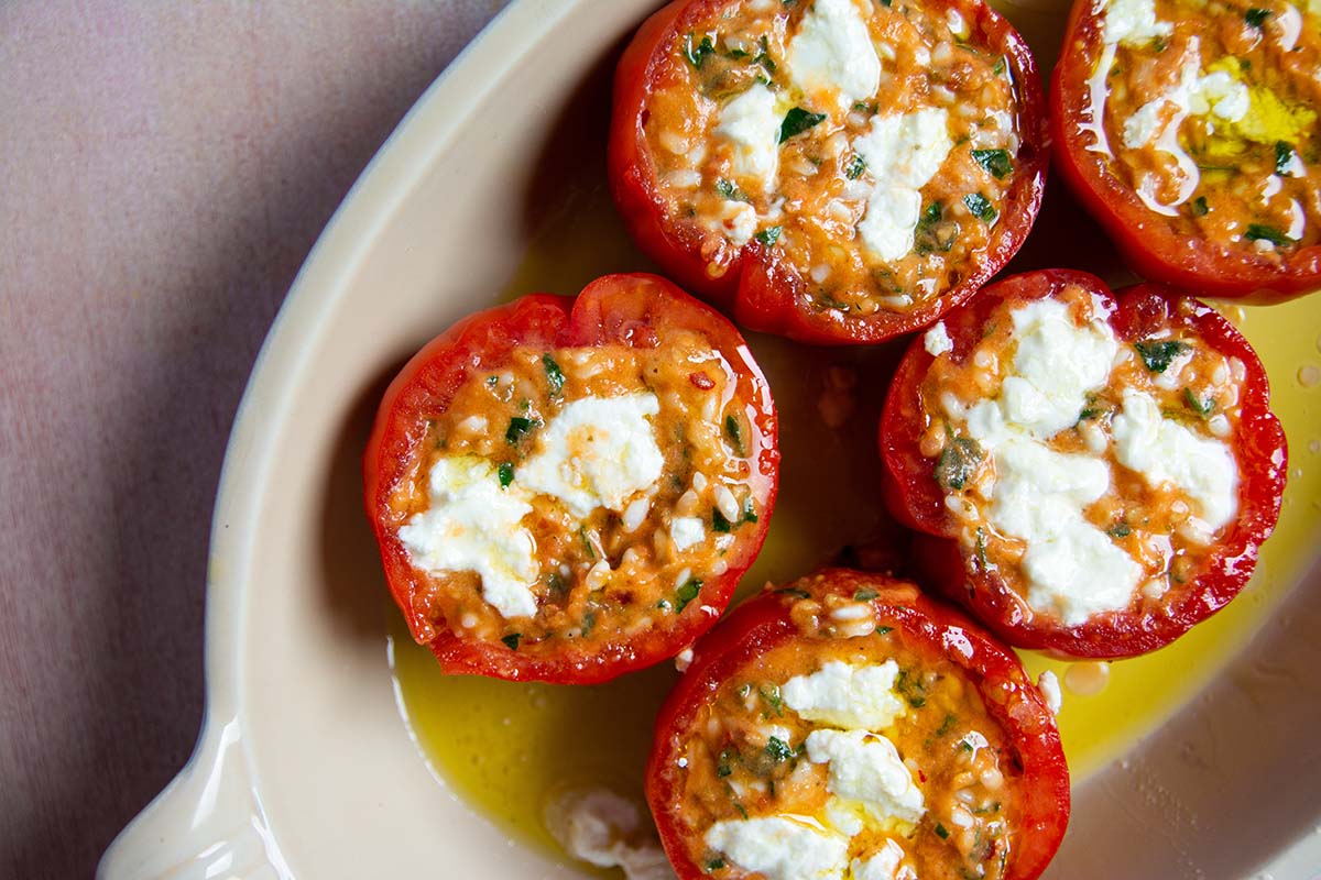 stuffed tomatoes with cheese and olive oil.