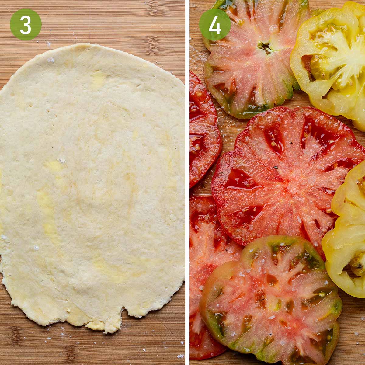 rolling out the pastry and salting the sliced tomatoes.